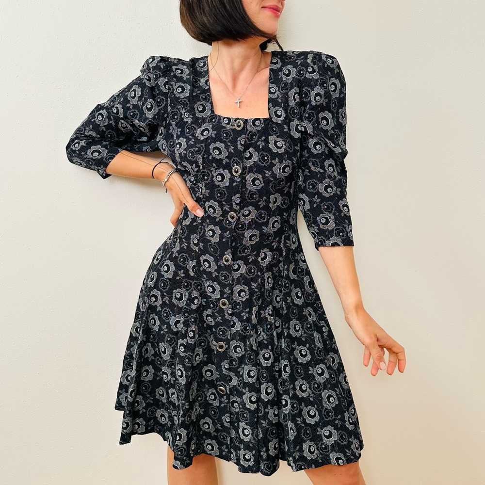 Vintage Windsong Floral Print Fit-And-Flare Dress Square Neck Mini